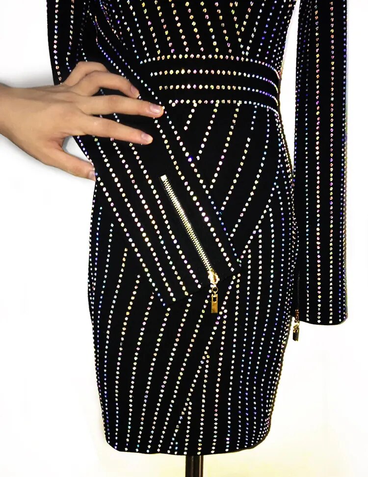 Black diamante v-neck long sleeve dress