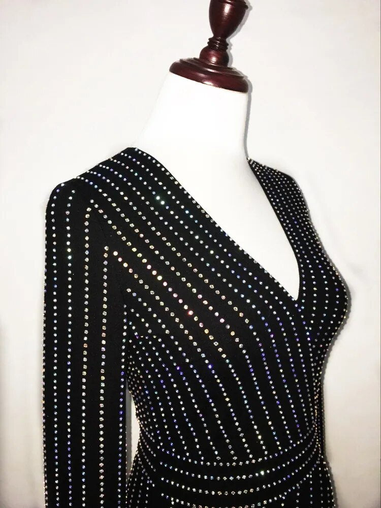 Black diamante v-neck long sleeve dress