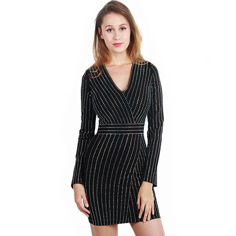 Black diamante v-neck long sleeve dress