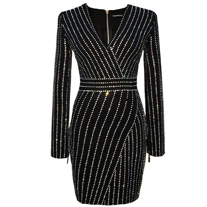 Black diamante v-neck long sleeve dress