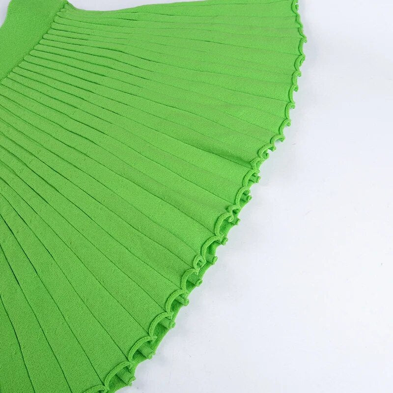 Knitted Short Sleeve Pleated Skirt Set