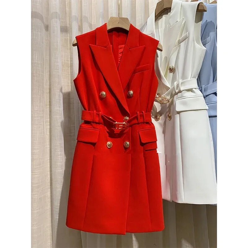 Smart Sleeveless Women Blazer Belted Dress