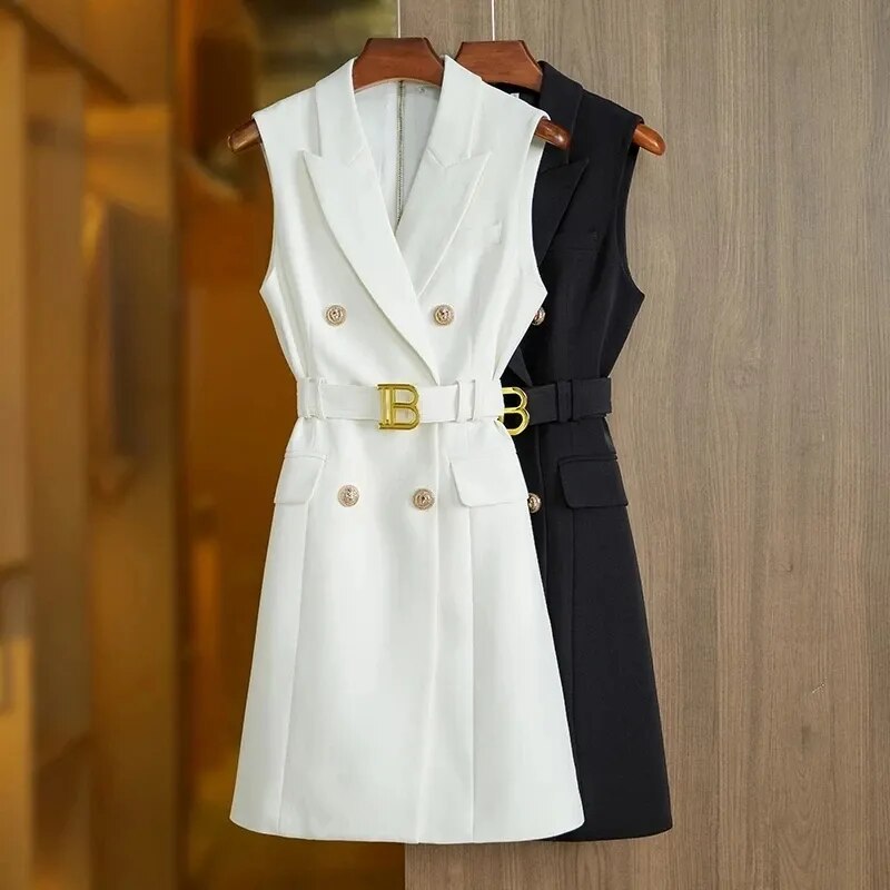 Smart Sleeveless Women Blazer Belted Dress