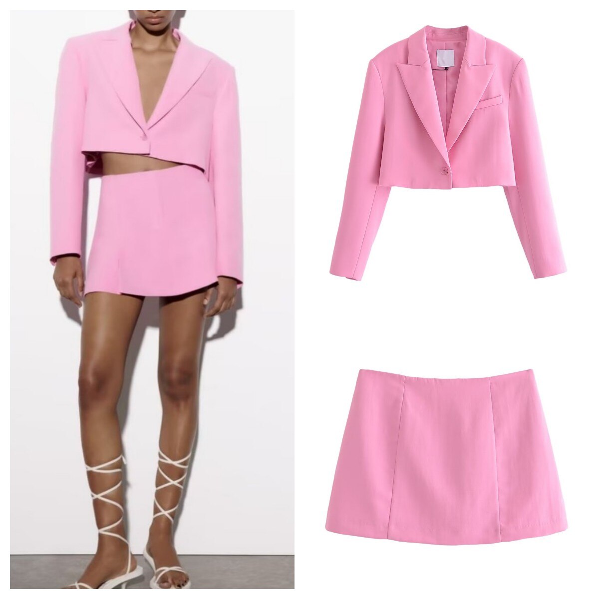 Smart Pink Blazer  Pleated Miniskirt Two-piece Set