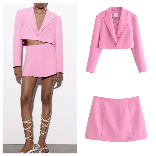 Smart Pink Blazer  Pleated Miniskirt Two-piece Set