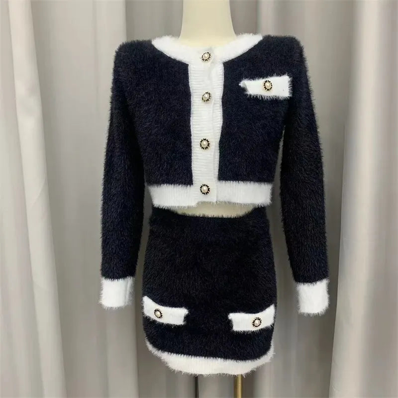 Winter Long Sleeve Knitted suit with skirt set