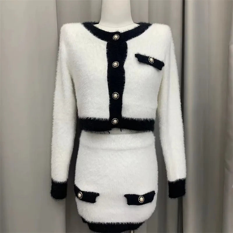 Winter Long Sleeve Knitted suit with skirt set