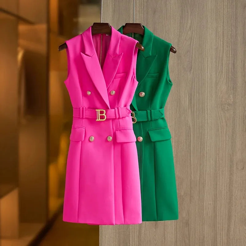 Smart Sleeveless Women Blazer Belted Dress